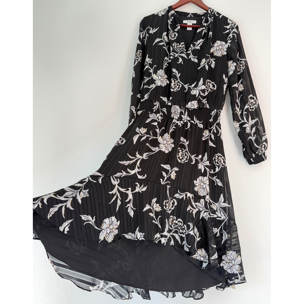 WHBM Black Floral Midi Dress Boho Chiffon High Low Hem Feminine Fairy Grunge M